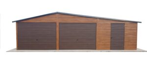 Garaż blaszany o kolorze złoty dąb, o wymiarach 8x6m z dwiema bramami uchylnymi w kolorze orzecha