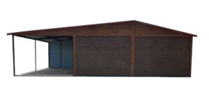 Garaż blaszany o wymiarach 6x6m z 2 bramami uchylnymi oraz 3m wiatą w kolorze złoty dąb jasny/orzech