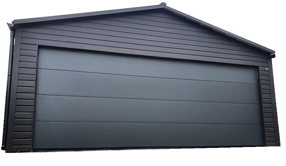 Garaż z bramą segmentową 1 Garaż blaszany o wymiarach 6x5m z bramą segmentową w kolorze grafitowym