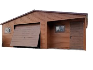 Garaż blaszany drewnopodobny 7x5m - złoty dąb ciemny, Kolor poszycia: złoty dąb ciemny, Bramy podnoszone w kolorze orzech,