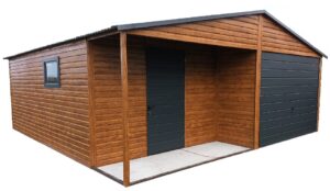 Garaż blaszany 6x5m z wiatą 3x1m w kolorze złoty dąb jasny, z bramą uchylną i drzwiami w kolorze antracyu