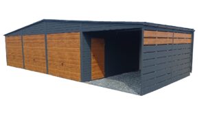 Garaż blaszany 9x6 z trzema bramami uchylnymi i wiatą, 3x brama uchylna 3,00x2,00 w kolorze złoty dąb jasny