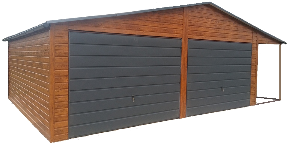 Garaż z dwiema bramami uchylnymi 1 Garaż blaszany o wymiarach 6x6m w kolorze złoty dąb jasny z dwiema bramami uchylnymi oraz wiatą w kolorze antracytu