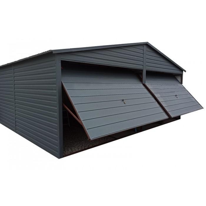 Garaż z dwiema bramami uchylnymi 1 Garaż blaszany o wymiarach 6x6m z dwiema bramami uchylnymi w kolorze antracytu