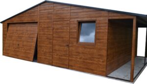 Garaż blaszany o wymiarach 6x6m z bramą uchylną, wiatą o wymiarach 1m, drzwiami i oknem w kolorze złoty dąb jasny