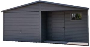 Garaż blaszany o wymiarach 6x6m z wiatą o wymiarach 3x1m i bramą podnoszoną w kolorze antracytu matowego