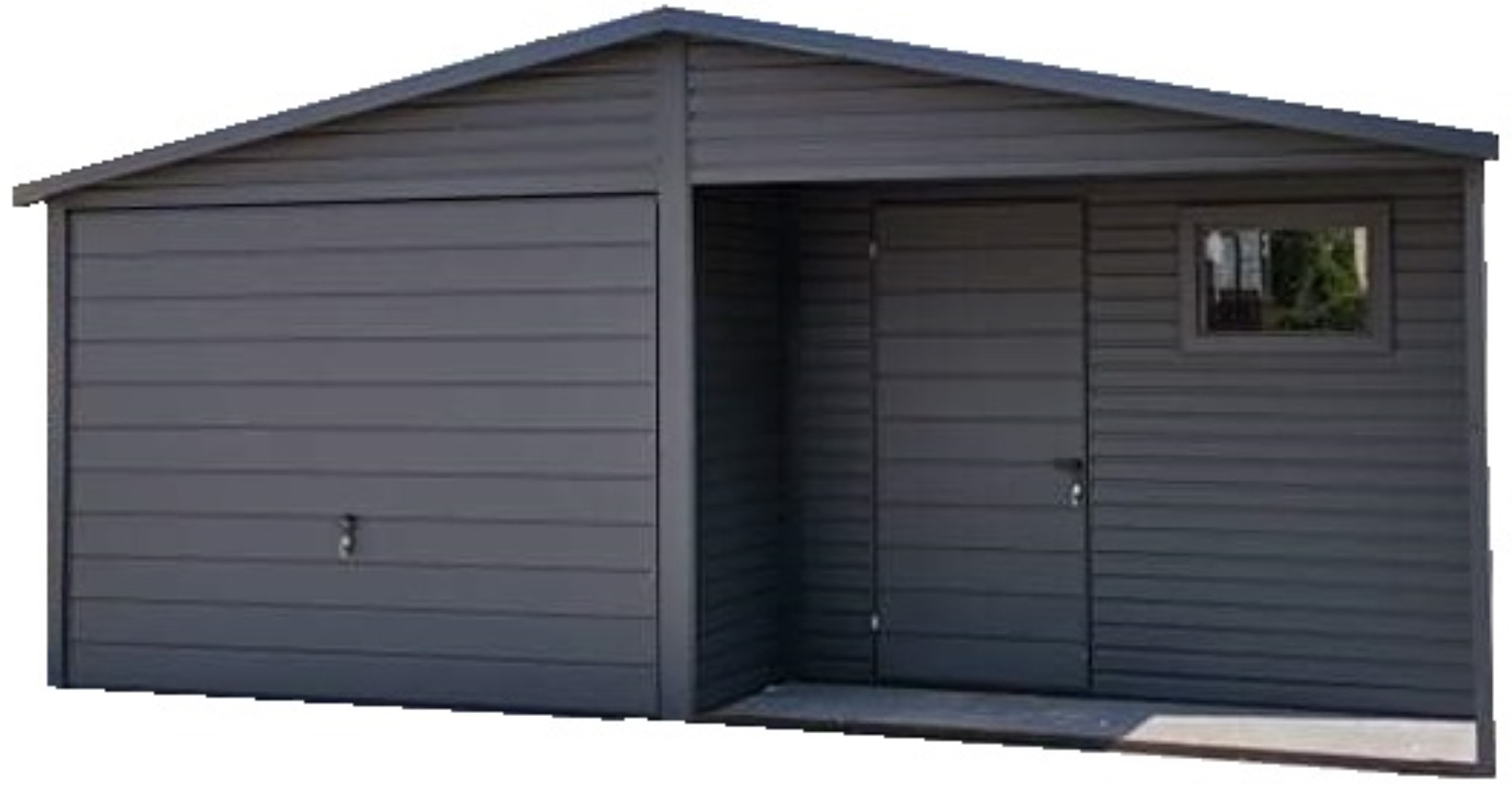 Garaż z wiatą 3x1m i bramą podnoszoną 1 Garaż blaszany o wymiarach 6x6m z wiatą o wymiarach 3x1m i bramą podnoszoną w kolorze antracytu matowego