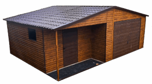 Garaż blaszany drewnopodobny o kolorze złoty dąb jasny z wiatą, z bramą garażową drzwiami i oknem