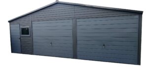 Garaż blaszany o wymiarach 8x6m w kolorze antracytu, dwie Bramy uchylne drzwi oraz oko