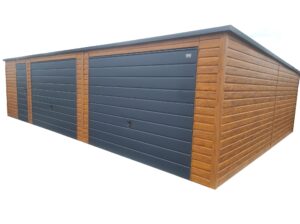 Garaż blaszany 8x6m z dwiema bramami uchylnymi, Kolor poszycia: złoty dąb jasny