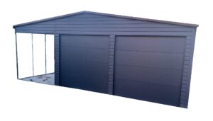 Garaż blaszany o wymiarach 7x6m z wiatą o wymiarach 2m w kolorze antracytu